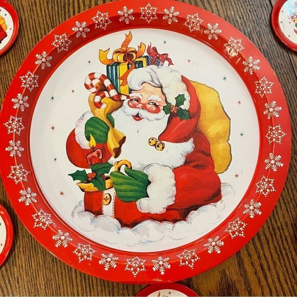 Vintage Santa Christmas Serving Tray & 6 Matching Coasters Made in HK 1980s - Picture 2 of 11